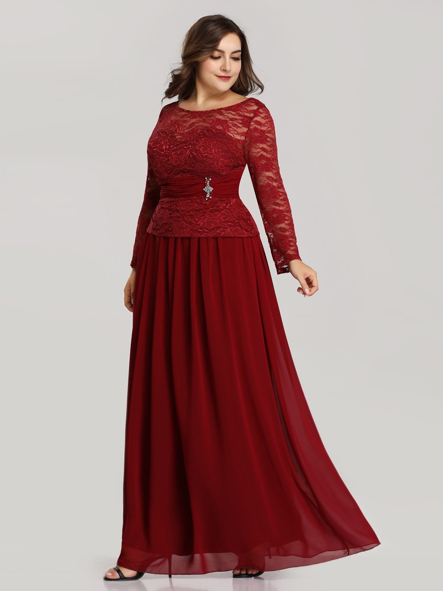 Color=Burgundy | Elegant A Line Long Sleeve Lace Evening Dress For Women-Burgundy 3 Color=Burgundy | Elegant A Line Long Sleeve Lace Evening Dress For Women-Burgundy 3