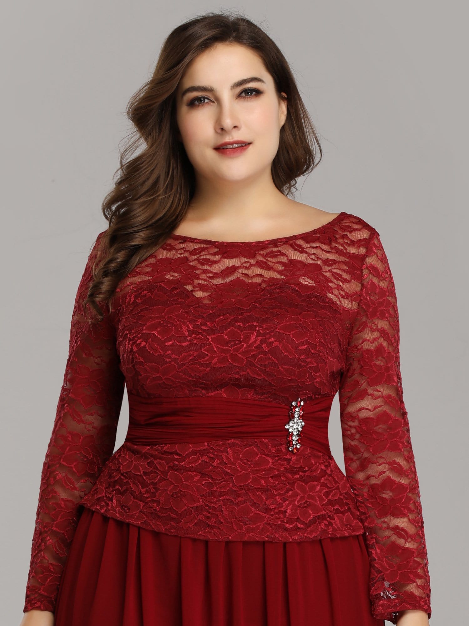 Color=Burgundy | Elegant A Line Long Sleeve Lace Evening Dress For Women-Burgundy 5 Color=Burgundy | Elegant A Line Long Sleeve Lace Evening Dress For Women-Burgundy 5