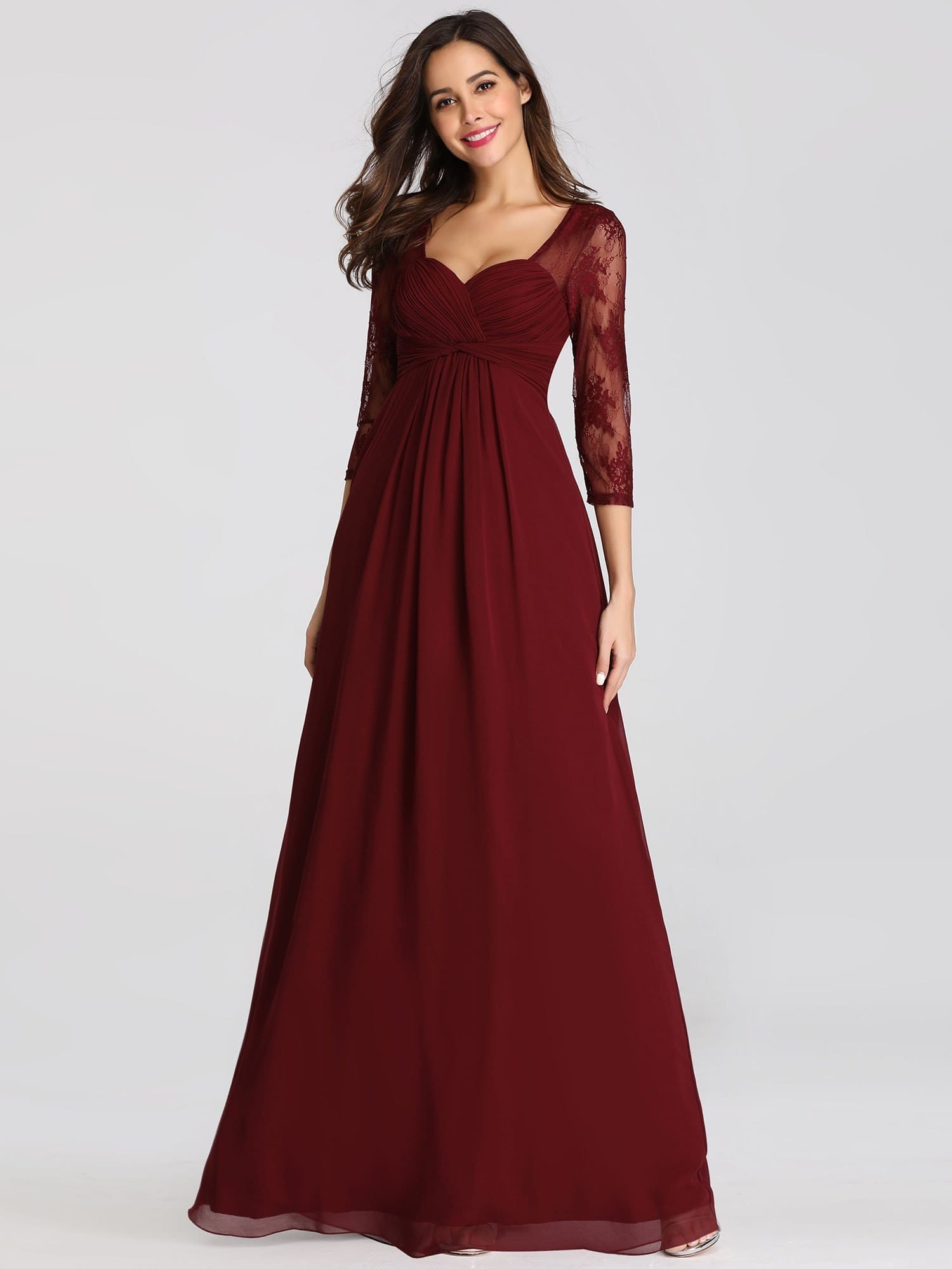 Color=Burgundy | V-Neck Bridesmaid Dress With Half Sleeves-Burgundy 4 Color=Burgundy | V-Neck Bridesmaid Dress With Half Sleeves-Burgundy 4