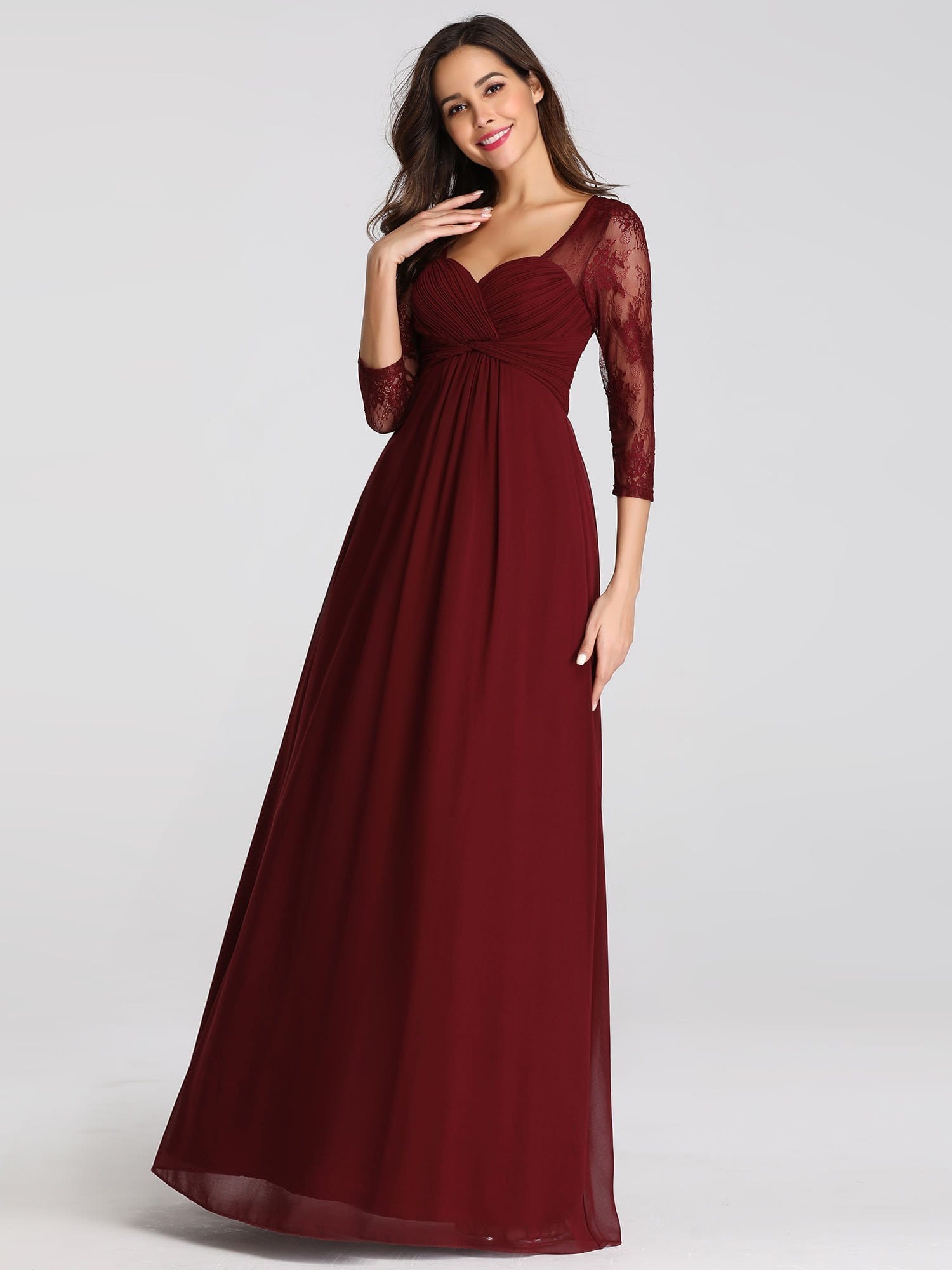 Color=Burgundy | V-Neck Bridesmaid Dress With Half Sleeves-Burgundy 2 Color=Burgundy | V-Neck Bridesmaid Dress With Half Sleeves-Burgundy 2