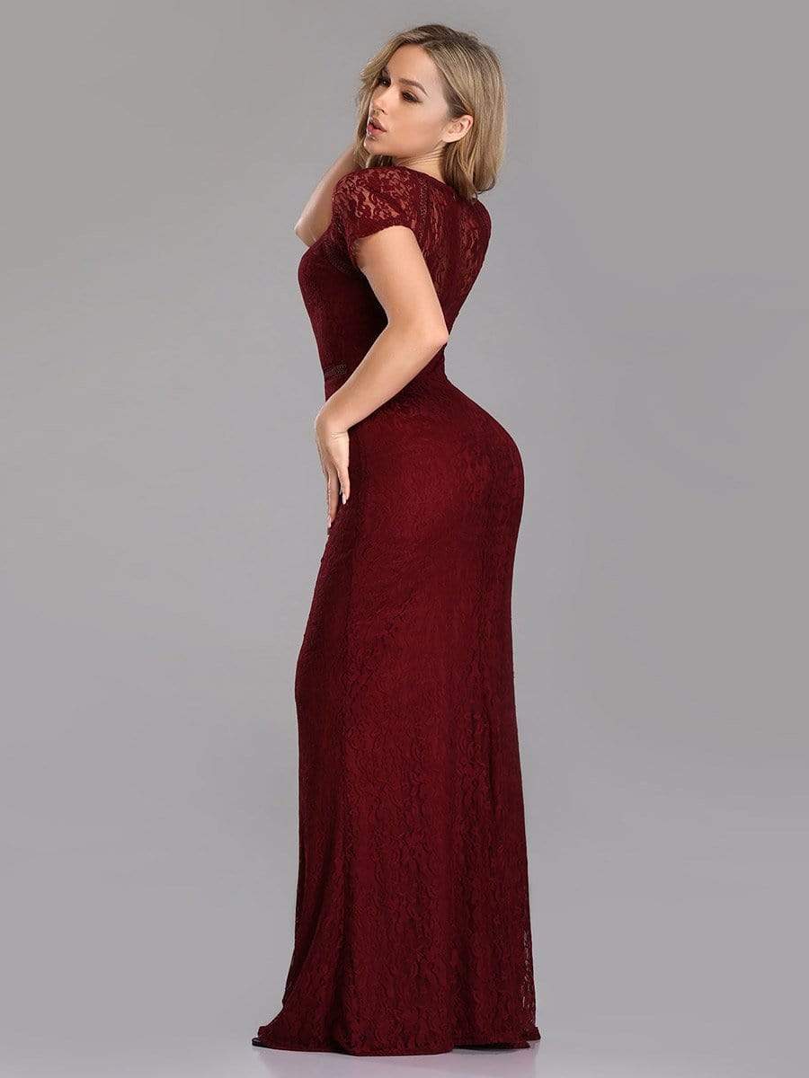 COLOR=Burgundy | Short Sleeve Long Burgundy Lace Evening Dress-Burgundy 2 COLOR=Burgundy | Short Sleeve Long Burgundy Lace Evening Dress-Burgundy 2