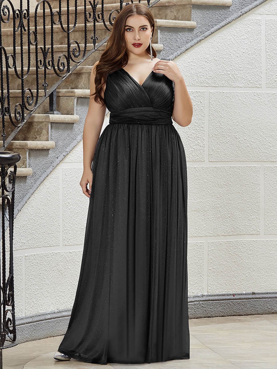 Color=Black | Plus Size Women'S Deep V Neck Floor Length Evening Dress-Black 1 Color=Black | Plus Size Women'S Deep V Neck Floor Length Evening Dress-Black 1