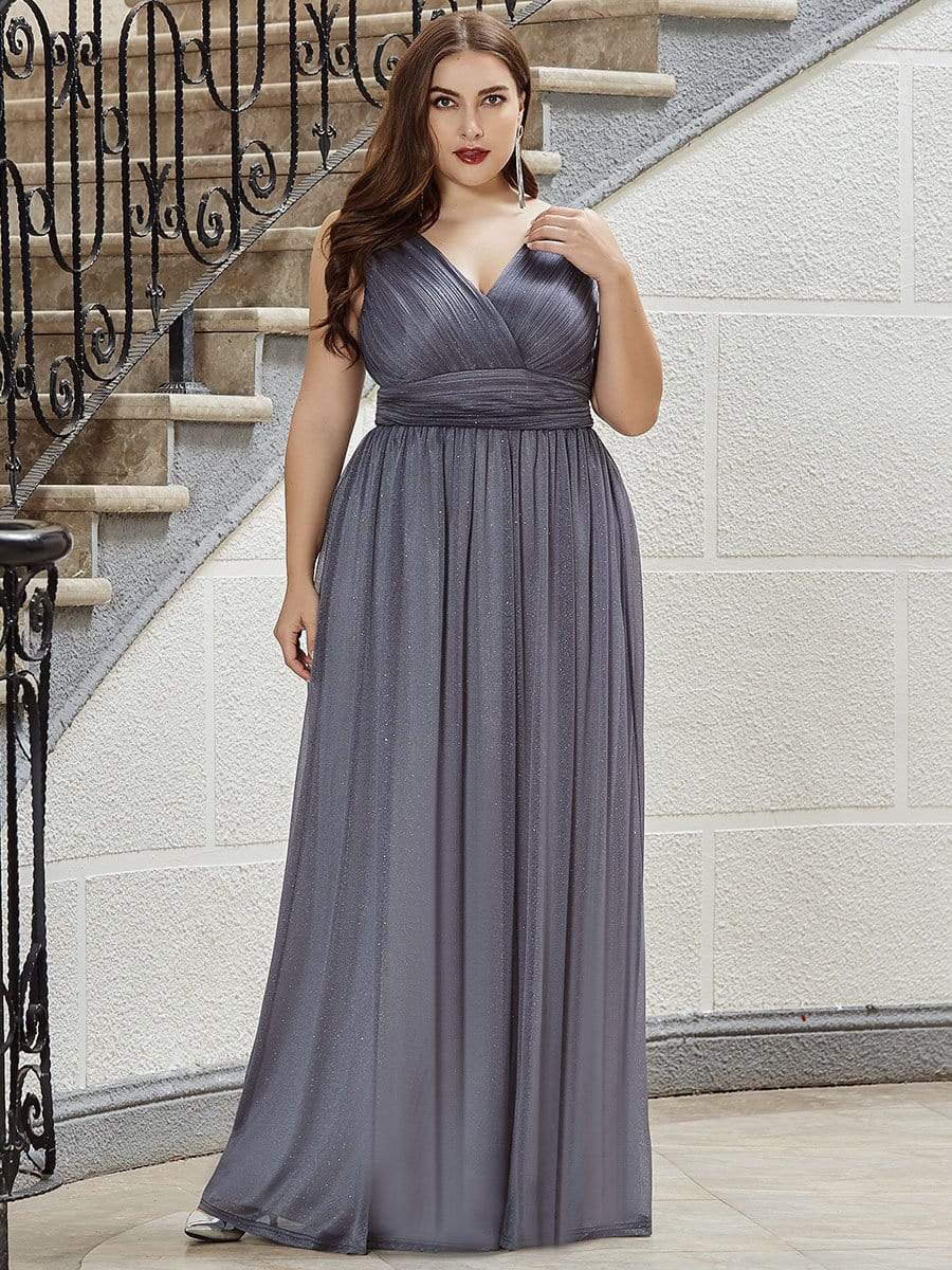 Color=Grey | Plus Size Women'S Deep V Neck Floor Length Evening Dress-Grey 3 Color=Grey | Plus Size Women'S Deep V Neck Floor Length Evening Dress-Grey 3