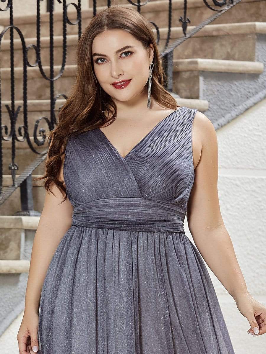 Color=Grey | Plus Size Women'S Deep V Neck Floor Length Evening Dress-Grey 5 Color=Grey | Plus Size Women'S Deep V Neck Floor Length Evening Dress-Grey 5