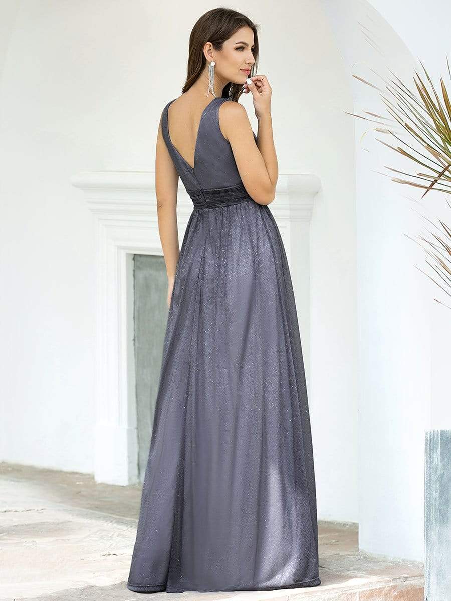 Color=Grey | Women'S Deep V Neck Floor Length Evening Dress-Grey 2 Color=Grey | Women'S Deep V Neck Floor Length Evening Dress-Grey 2