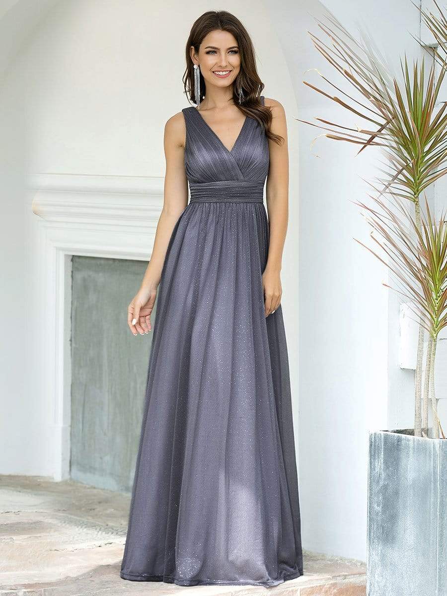 Color=Grey | Women'S Deep V Neck Floor Length Evening Dress-Grey 1 Color=Grey | Women'S Deep V Neck Floor Length Evening Dress-Grey 1