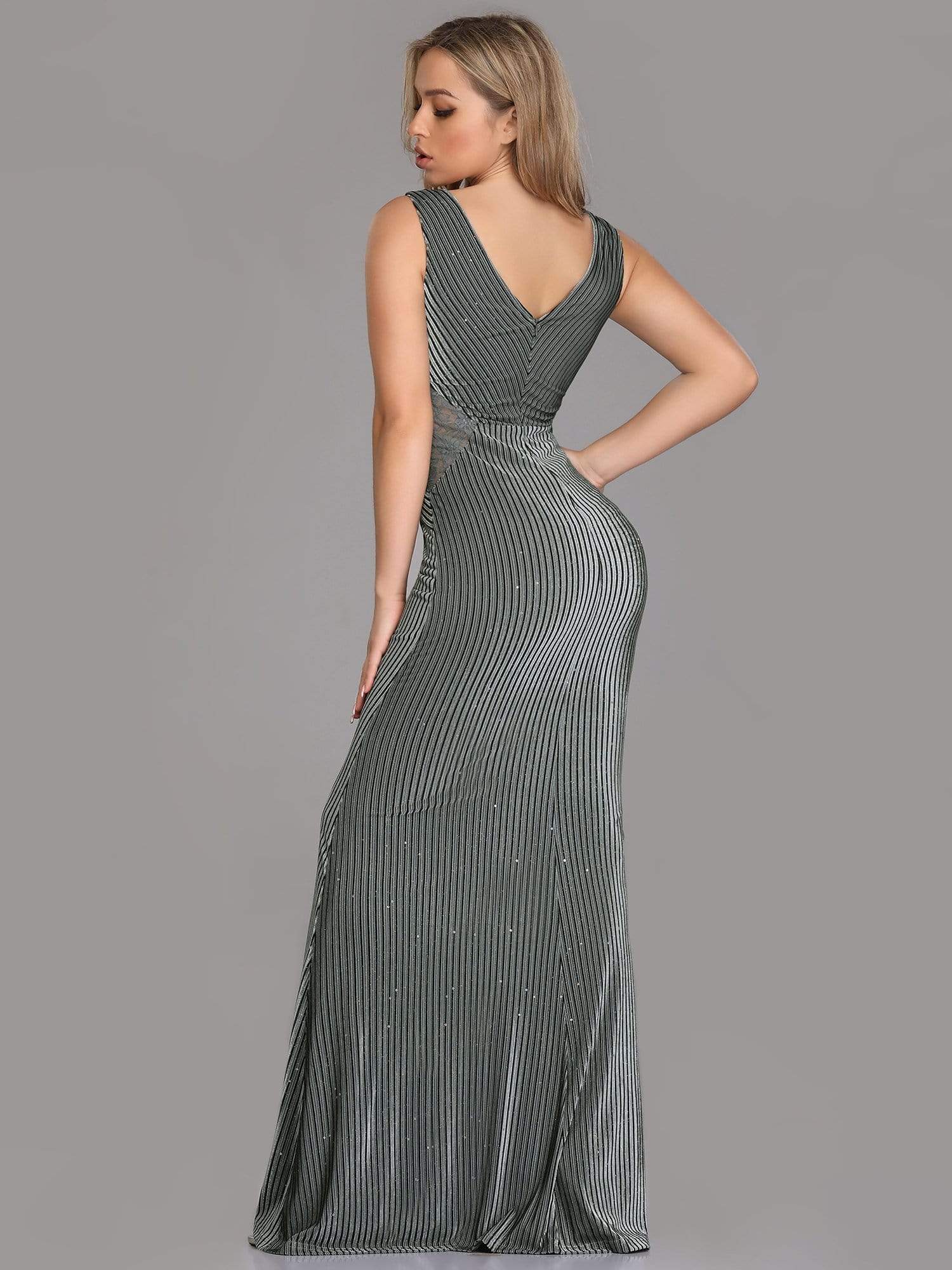 Color=Grey | Sleeveless V-Neck Fishtail Evening Dress-Grey 5 Color=Grey | Sleeveless V-Neck Fishtail Evening Dress-Grey 5