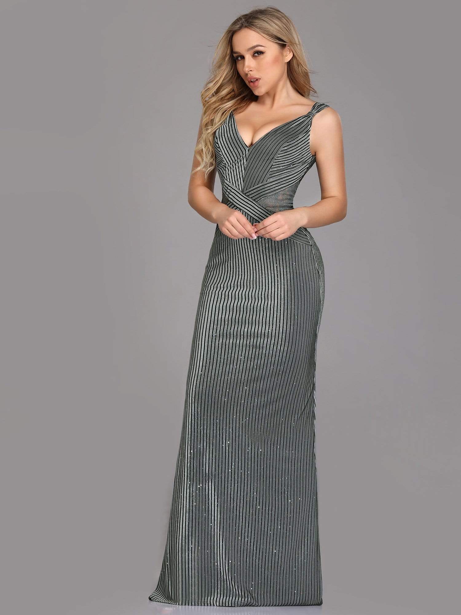 Color=Grey | Sleeveless V-Neck Fishtail Evening Dress-Grey 2 Color=Grey | Sleeveless V-Neck Fishtail Evening Dress-Grey 2