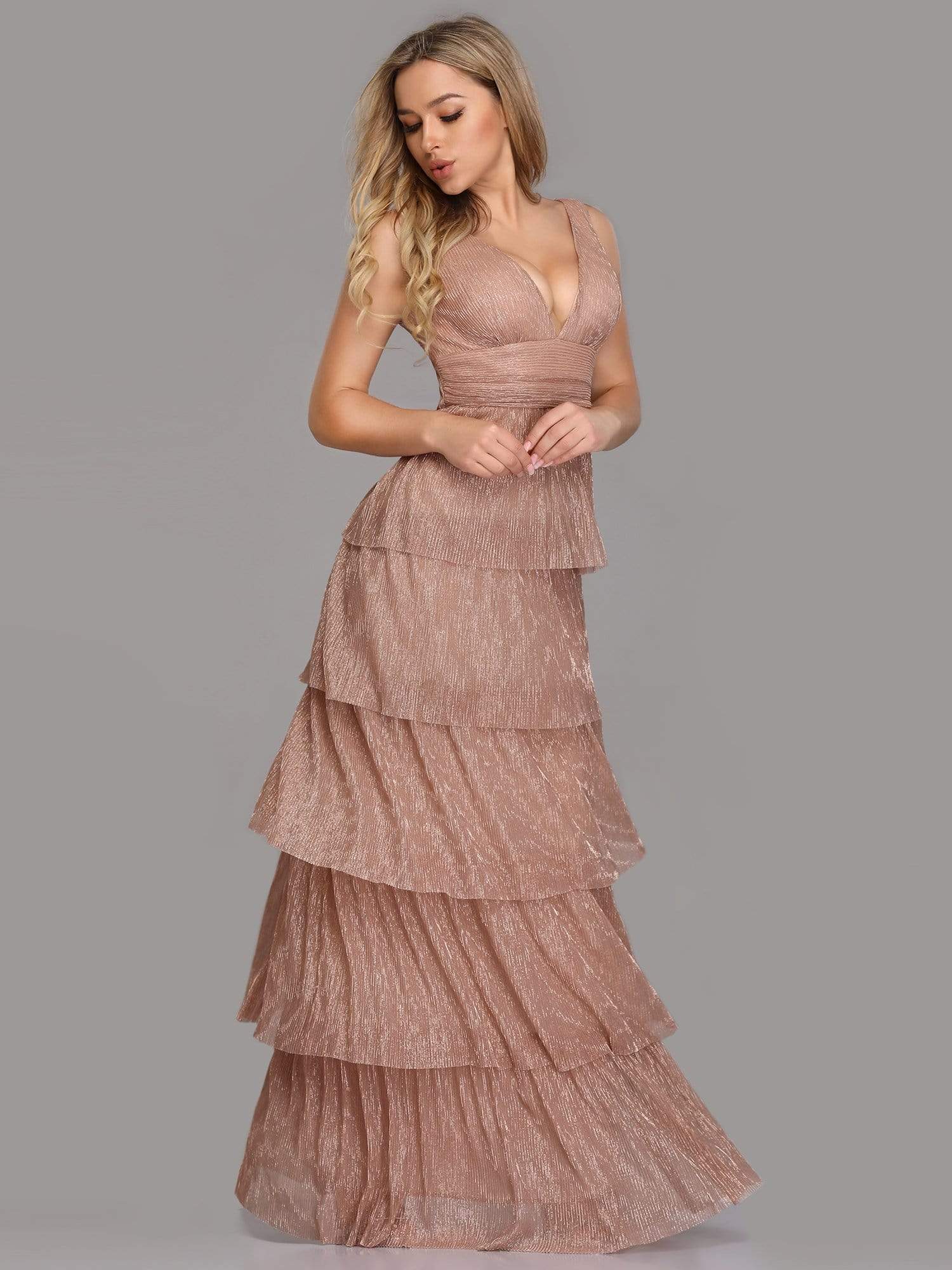 Color=Blush | V Neck Shimmery Tiered Evening Dress-Blush 7 Color=Blush | V Neck Shimmery Tiered Evening Dress-Blush 7