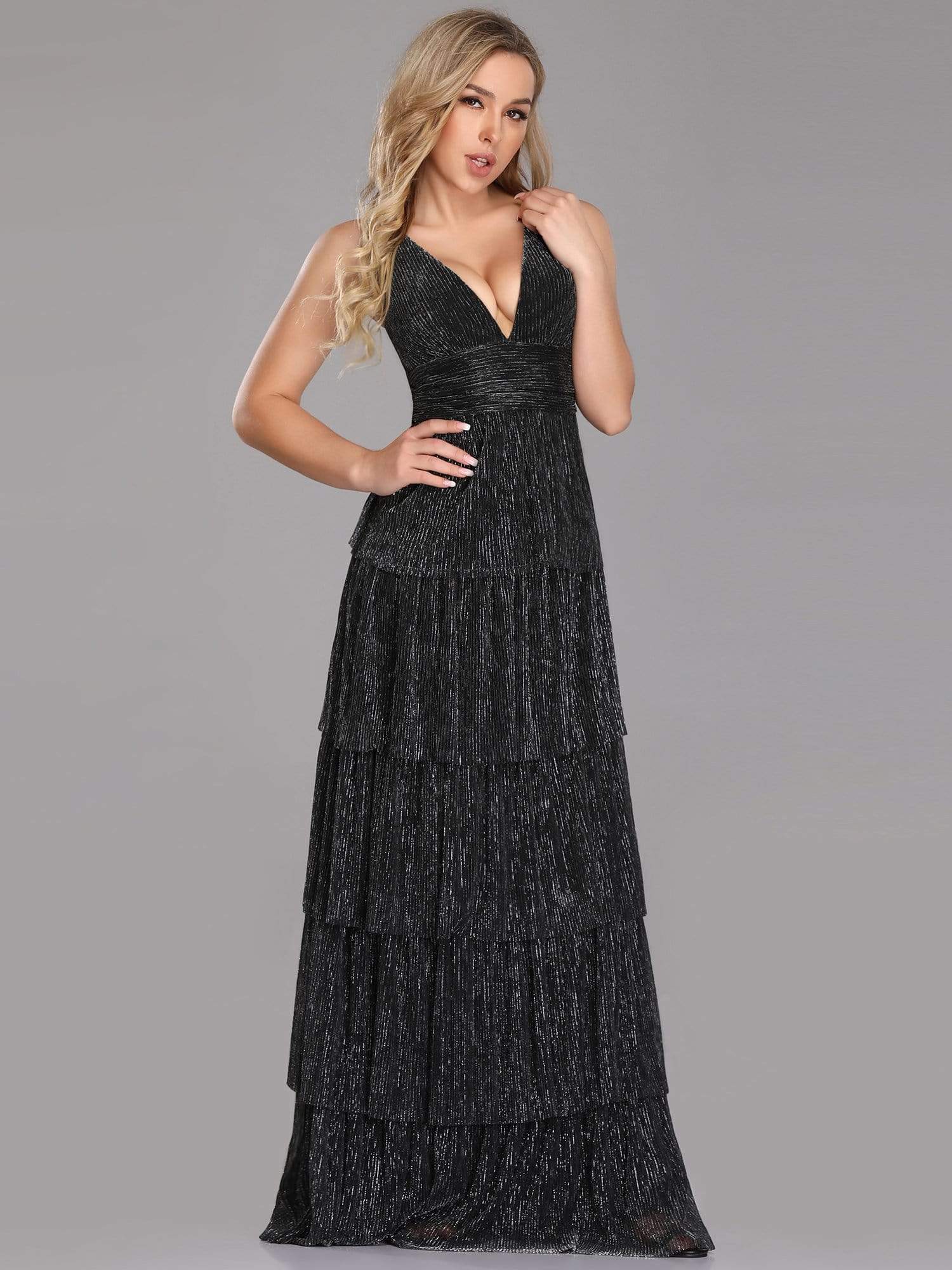 Color=Black | V Neck Shimmery Tiered Evening Dress-Black 3 Color=Black | V Neck Shimmery Tiered Evening Dress-Black 3