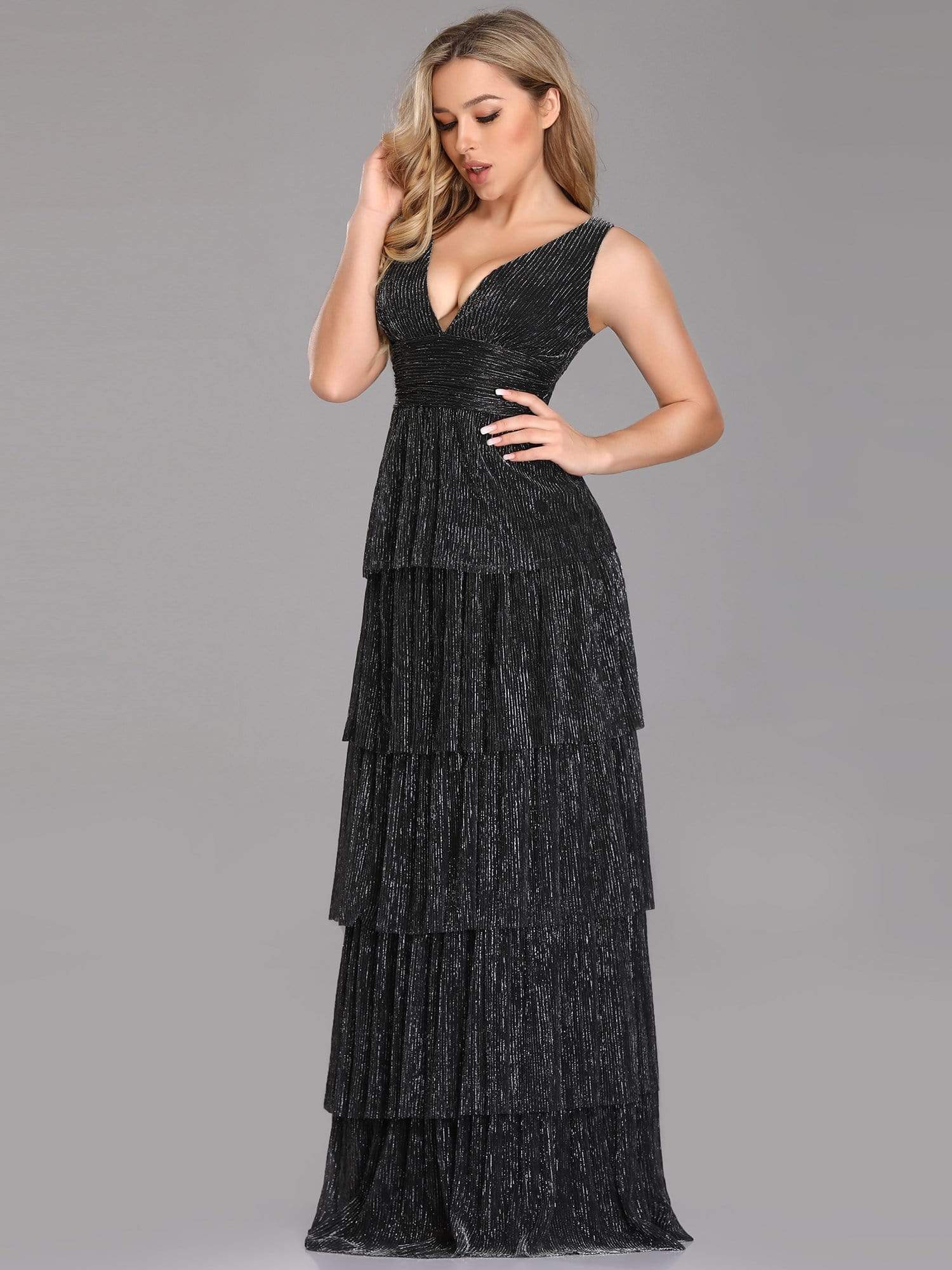 Color=Black | V Neck Shimmery Tiered Evening Dress-Black 4 Color=Black | V Neck Shimmery Tiered Evening Dress-Black 4