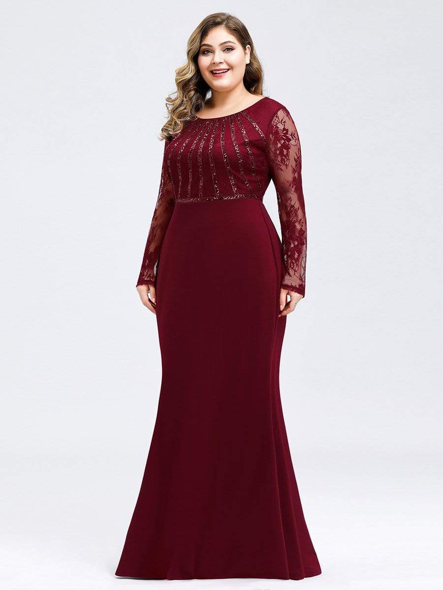 COLOR=Burgundy | Plus Size Fishtail Dresses With Long Lace Sleeve-Burgundy 3 COLOR=Burgundy | Plus Size Fishtail Dresses With Long Lace Sleeve-Burgundy 3
