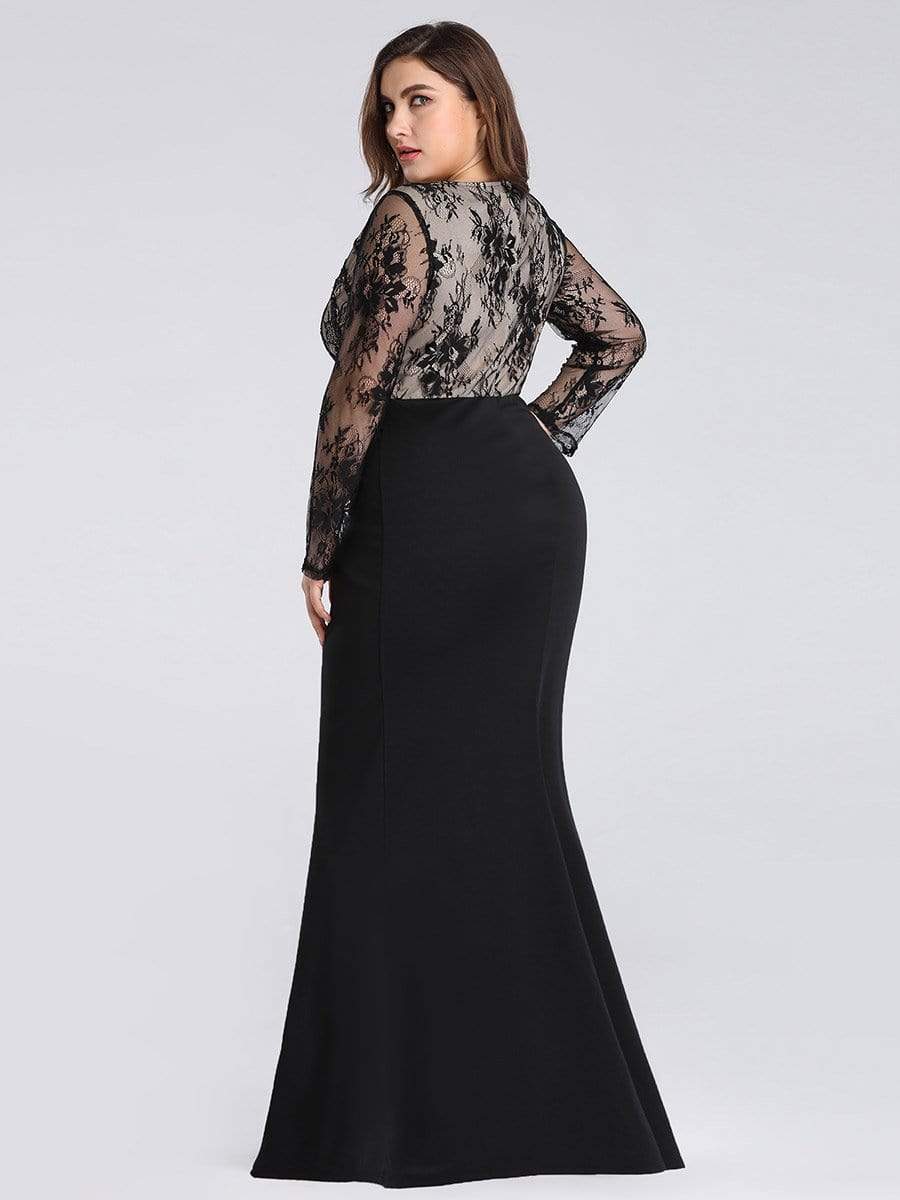 COLOR=Black | Plus Size Fishtail Dresses With Long Lace Sleeve-Black 2 COLOR=Black | Plus Size Fishtail Dresses With Long Lace Sleeve-Black 2