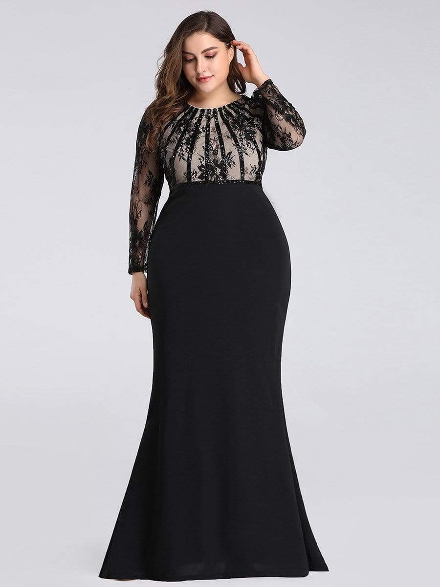 COLOR=Black | Plus Size Fishtail Dresses With Long Lace Sleeve-Black 3 COLOR=Black | Plus Size Fishtail Dresses With Long Lace Sleeve-Black 3