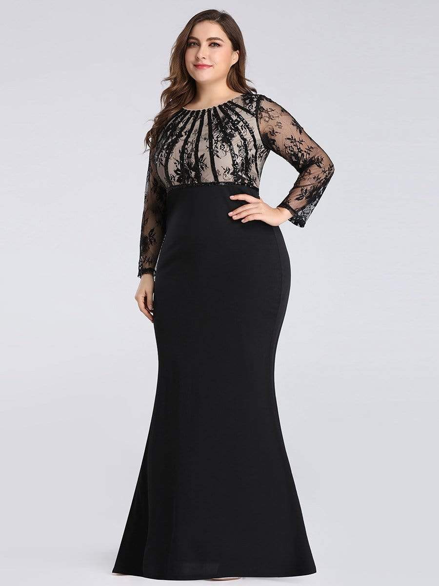 COLOR=Black | Plus Size Fishtail Dresses With Long Lace Sleeve-Black 4 COLOR=Black | Plus Size Fishtail Dresses With Long Lace Sleeve-Black 4