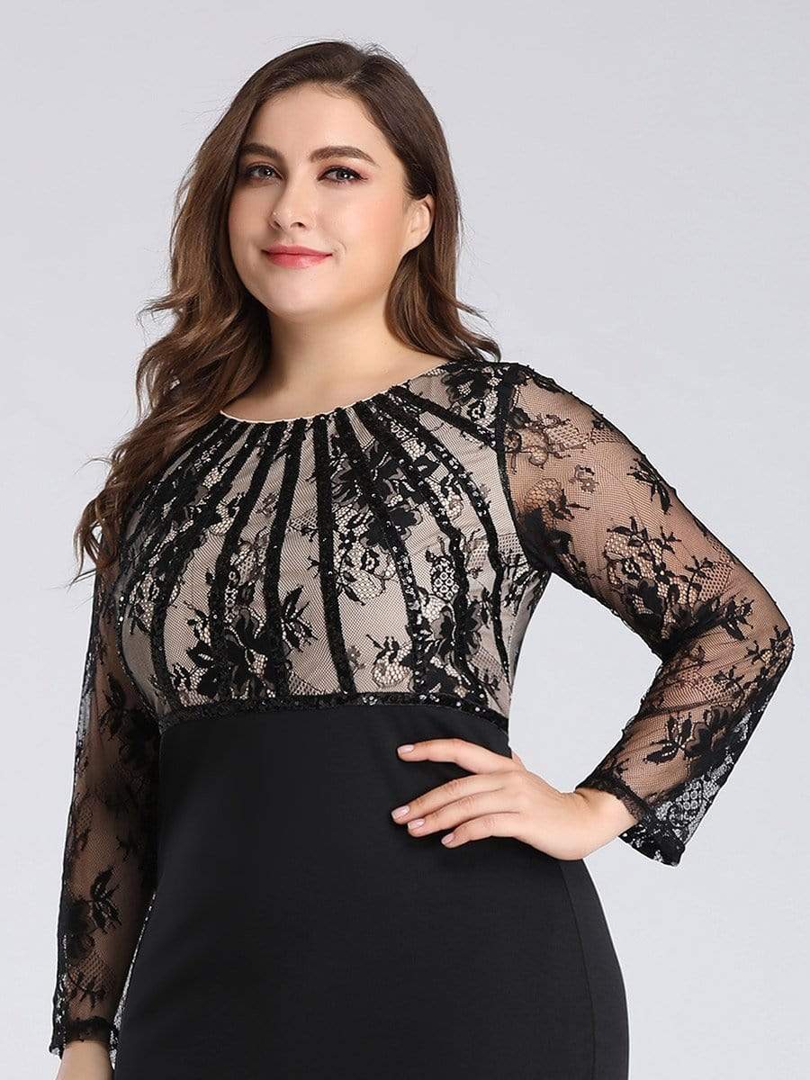 COLOR=Black | Plus Size Fishtail Dresses With Long Lace Sleeve-Black 5 COLOR=Black | Plus Size Fishtail Dresses With Long Lace Sleeve-Black 5