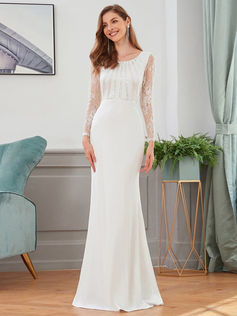 COLOR=Cream | Fishtail Dresses With Long Lace Sleeve-Cream 4 COLOR=Cream | Fishtail Dresses With Long Lace Sleeve-Cream 4