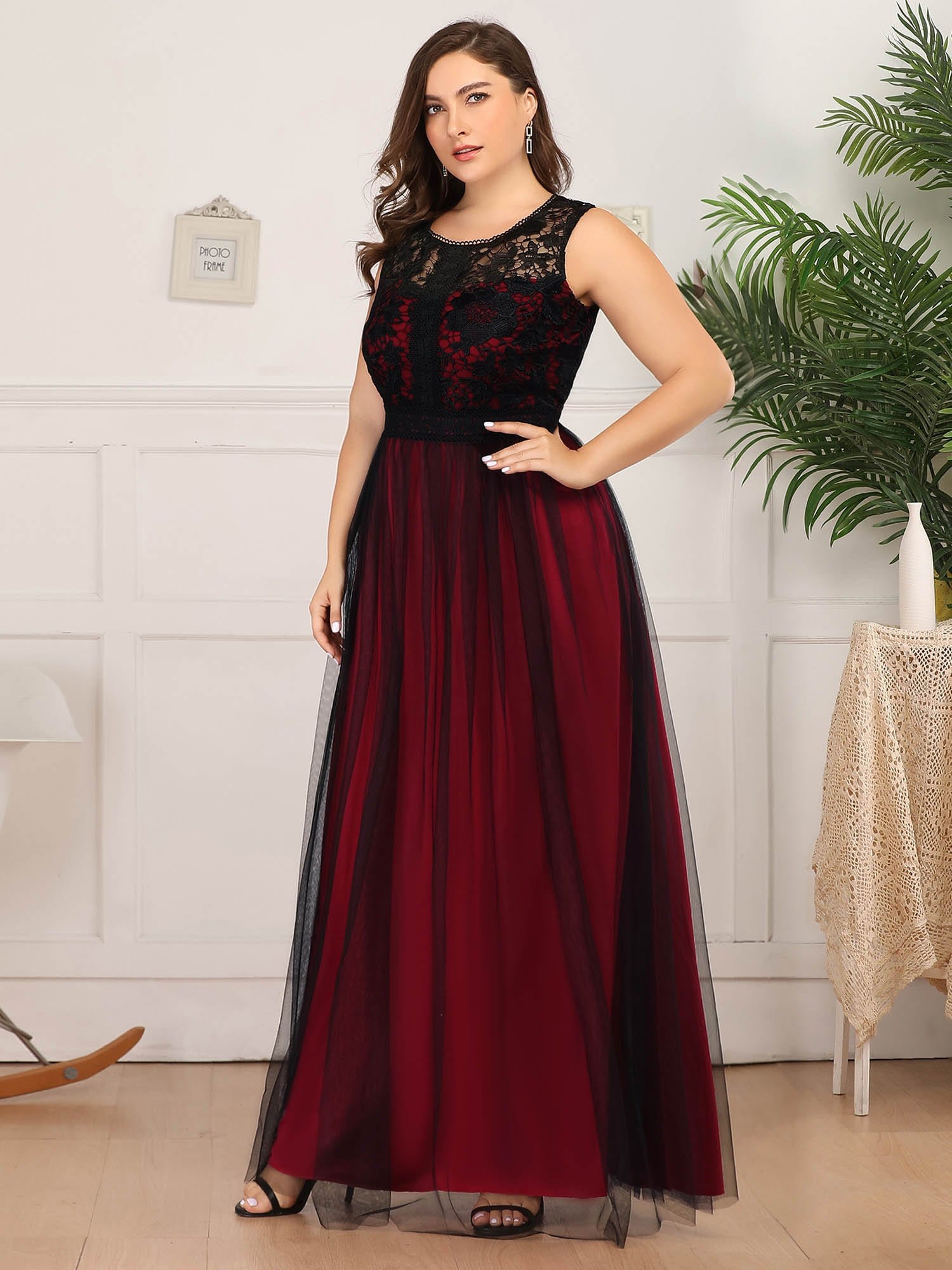 Color=Burgundy | Plus Size Maxi Long Prom Dresses With Mesh-Burgundy 3 Color=Burgundy | Plus Size Maxi Long Prom Dresses With Mesh-Burgundy 3