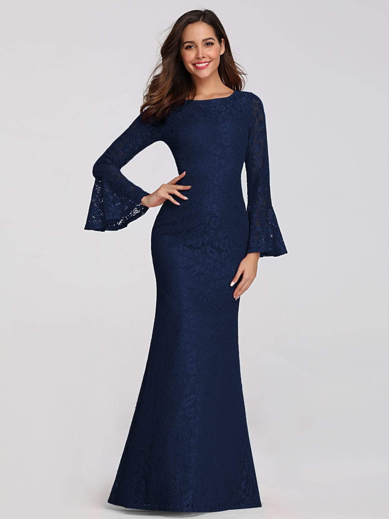 Color=Navy Blue | Long Flare Sleeve Lace Mermaid Evening Party Dresses-Navy Blue 1 Color=Navy Blue | Long Flare Sleeve Lace Mermaid Evening Party Dresses-Navy Blue 1