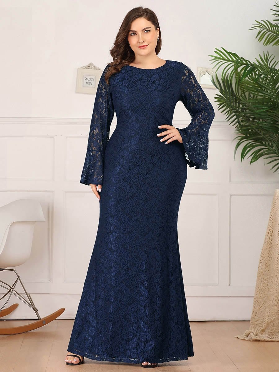Color=Navy Blue | Long Flare Sleeve Lace Mermaid Evening Party Dresses-Navy Blue 6 Color=Navy Blue | Long Flare Sleeve Lace Mermaid Evening Party Dresses-Navy Blue 6