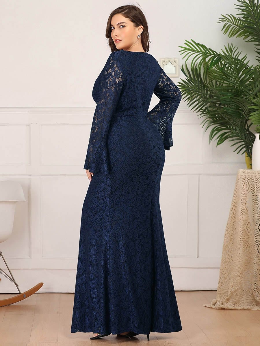 Color=Navy Blue | Long Flare Sleeve Lace Mermaid Evening Party Dresses-Navy Blue 7 Color=Navy Blue | Long Flare Sleeve Lace Mermaid Evening Party Dresses-Navy Blue 7