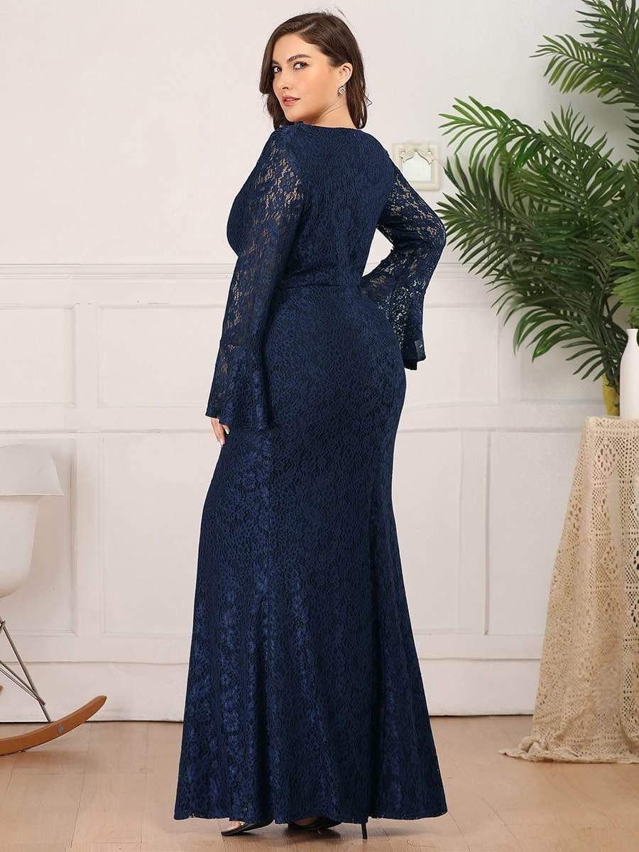 Color=Navy Blue | Long Flare Sleeve Lace Mermaid Plus Size Evening Party Dresses-Navy Blue 2 Color=Navy Blue | Long Flare Sleeve Lace Mermaid Plus Size Evening Party Dresses-Navy Blue 2