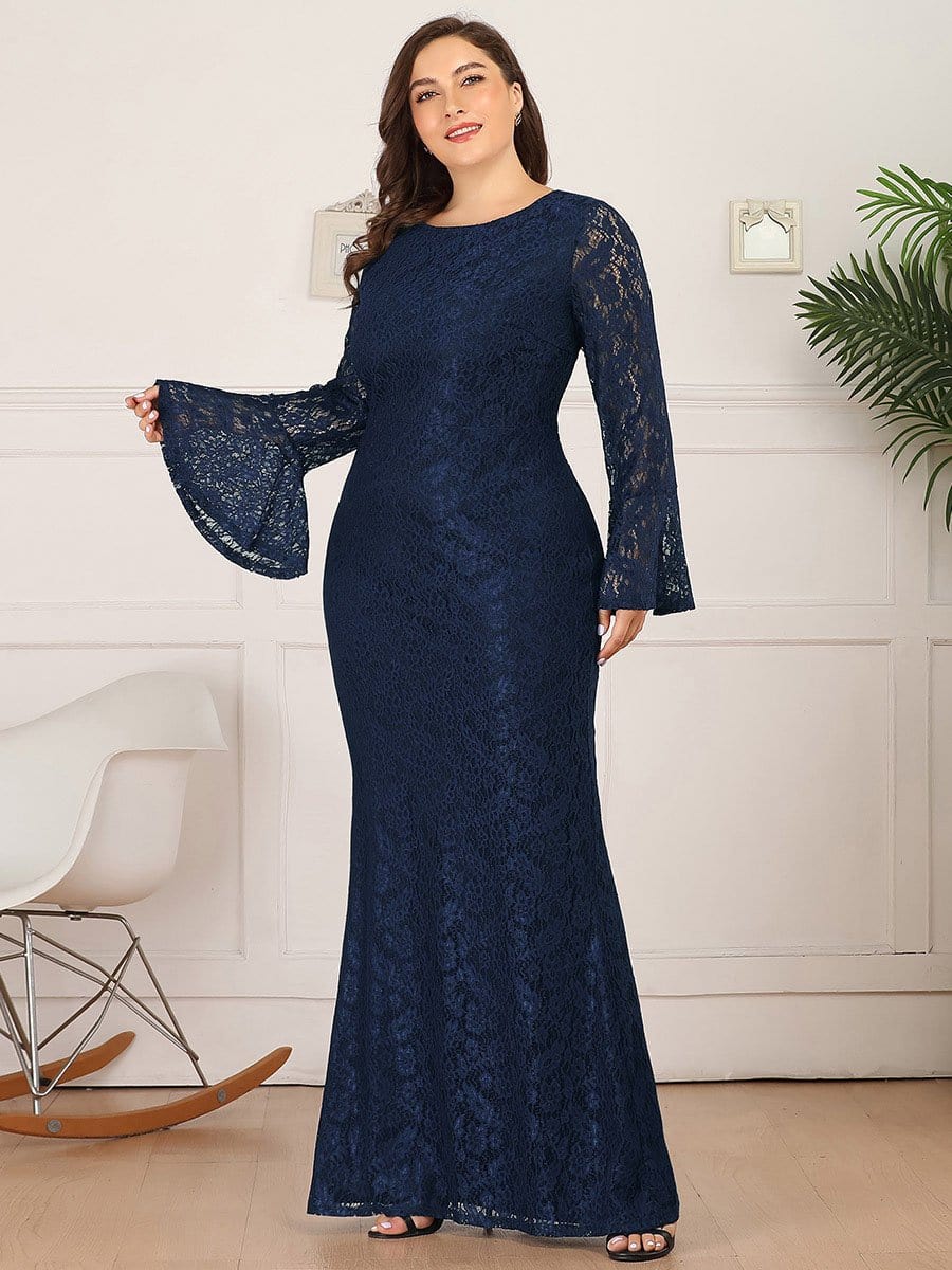 Color=Navy Blue | Long Flare Sleeve Lace Mermaid Evening Party Dresses-Navy Blue 8 Color=Navy Blue | Long Flare Sleeve Lace Mermaid Evening Party Dresses-Navy Blue 8