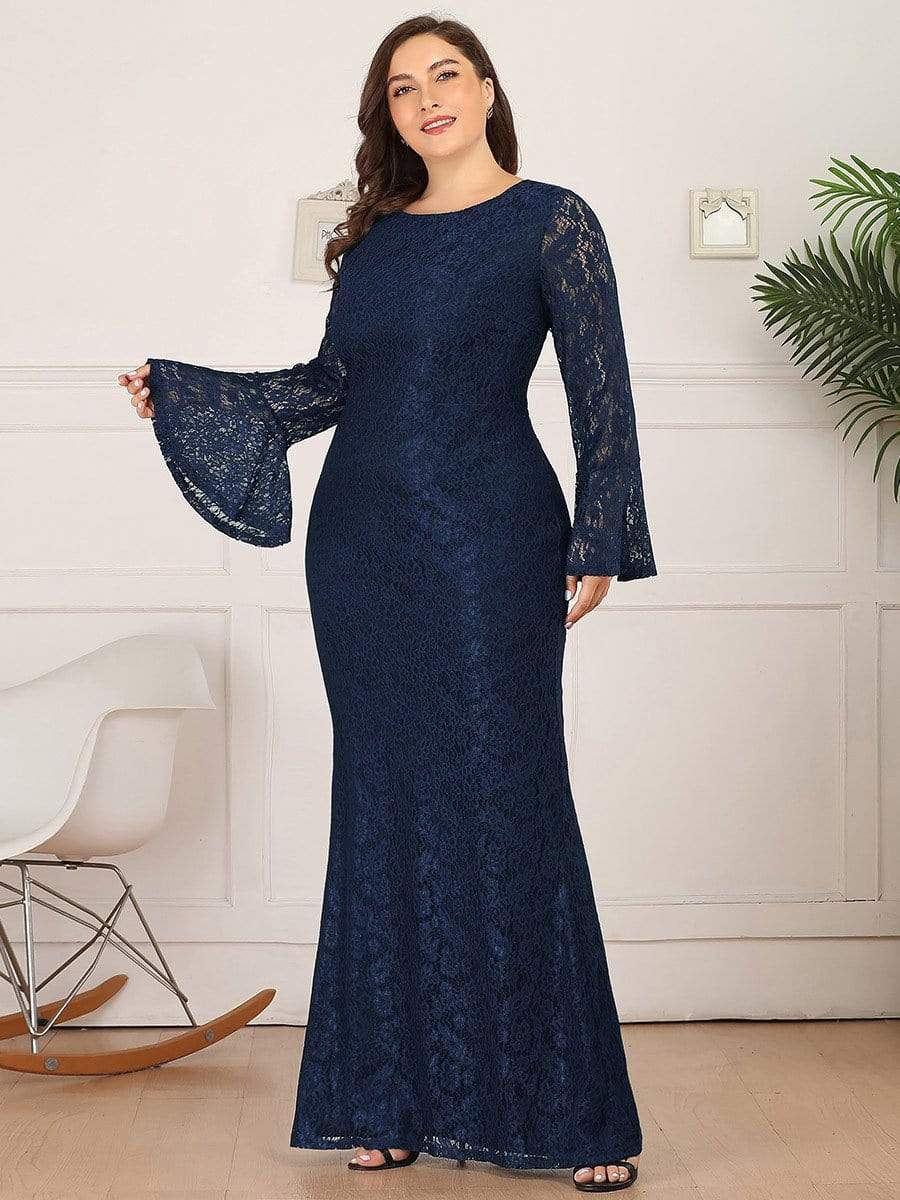 Color=Navy Blue | Long Flare Sleeve Lace Mermaid Plus Size Evening Party Dresses-Navy Blue 3 Color=Navy Blue | Long Flare Sleeve Lace Mermaid Plus Size Evening Party Dresses-Navy Blue 3