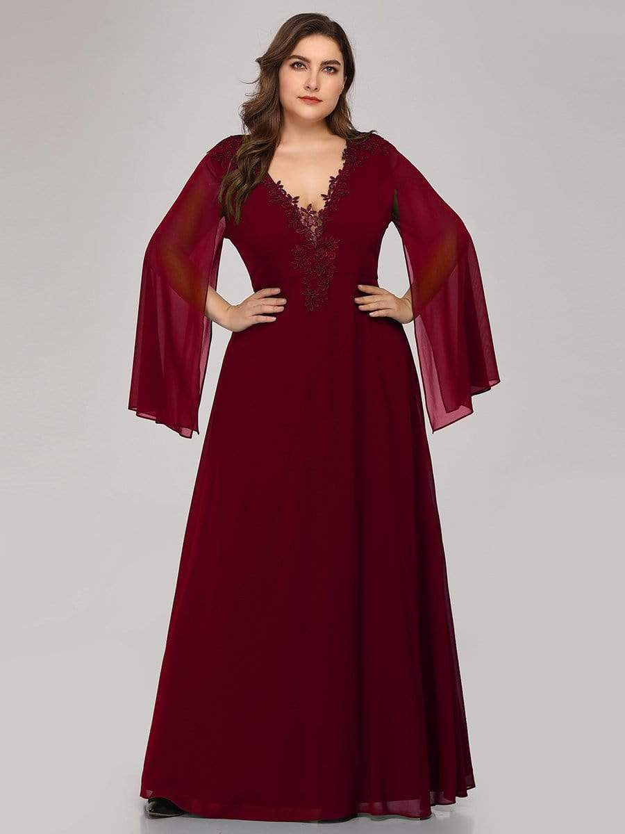 Color=Burgundy | Plus Size V Neck Evening Dress With Long Sleeves-Burgundy 1 Color=Burgundy | Plus Size V Neck Evening Dress With Long Sleeves-Burgundy 1