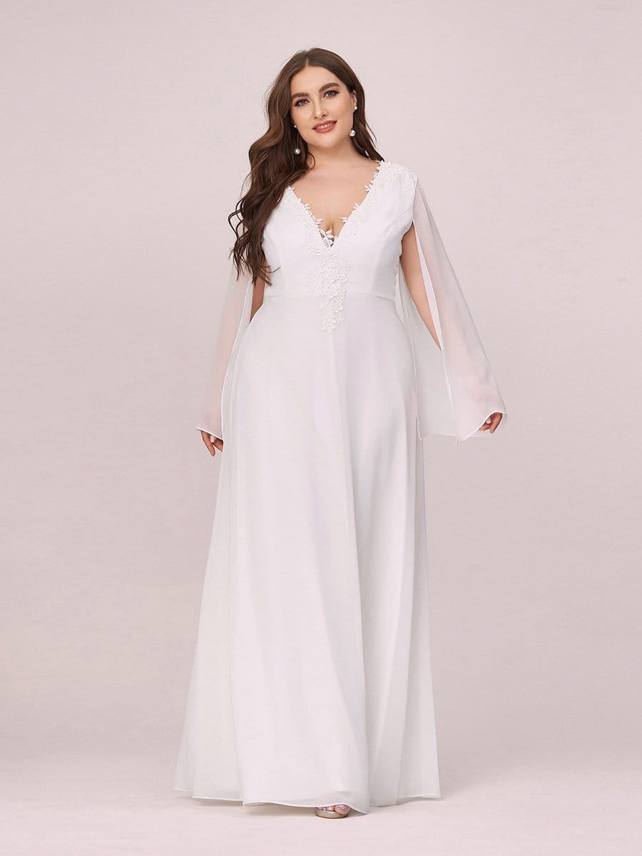 Color=Cream | Plus Size V Neck Evening Dress With Long Sleeves-Cream 1 Color=Cream | Plus Size V Neck Evening Dress With Long Sleeves-Cream 1