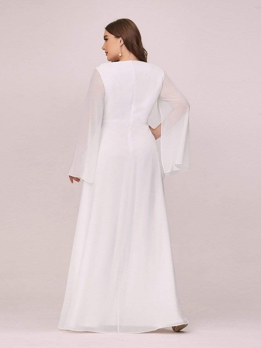 Color=Cream | Plus Size V Neck Evening Dress With Long Sleeves-Cream 2 Color=Cream | Plus Size V Neck Evening Dress With Long Sleeves-Cream 2
