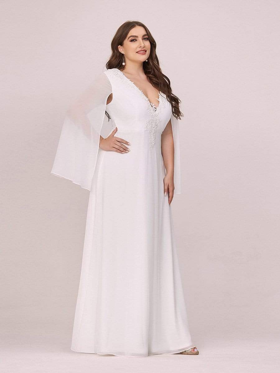 Color=Cream | Plus Size V Neck Evening Dress With Long Sleeves-Cream 3 Color=Cream | Plus Size V Neck Evening Dress With Long Sleeves-Cream 3
