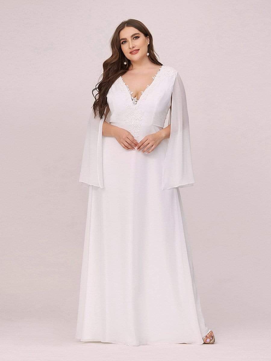 Color=Cream | Plus Size V Neck Evening Dress With Long Sleeves-Cream 4 Color=Cream | Plus Size V Neck Evening Dress With Long Sleeves-Cream 4