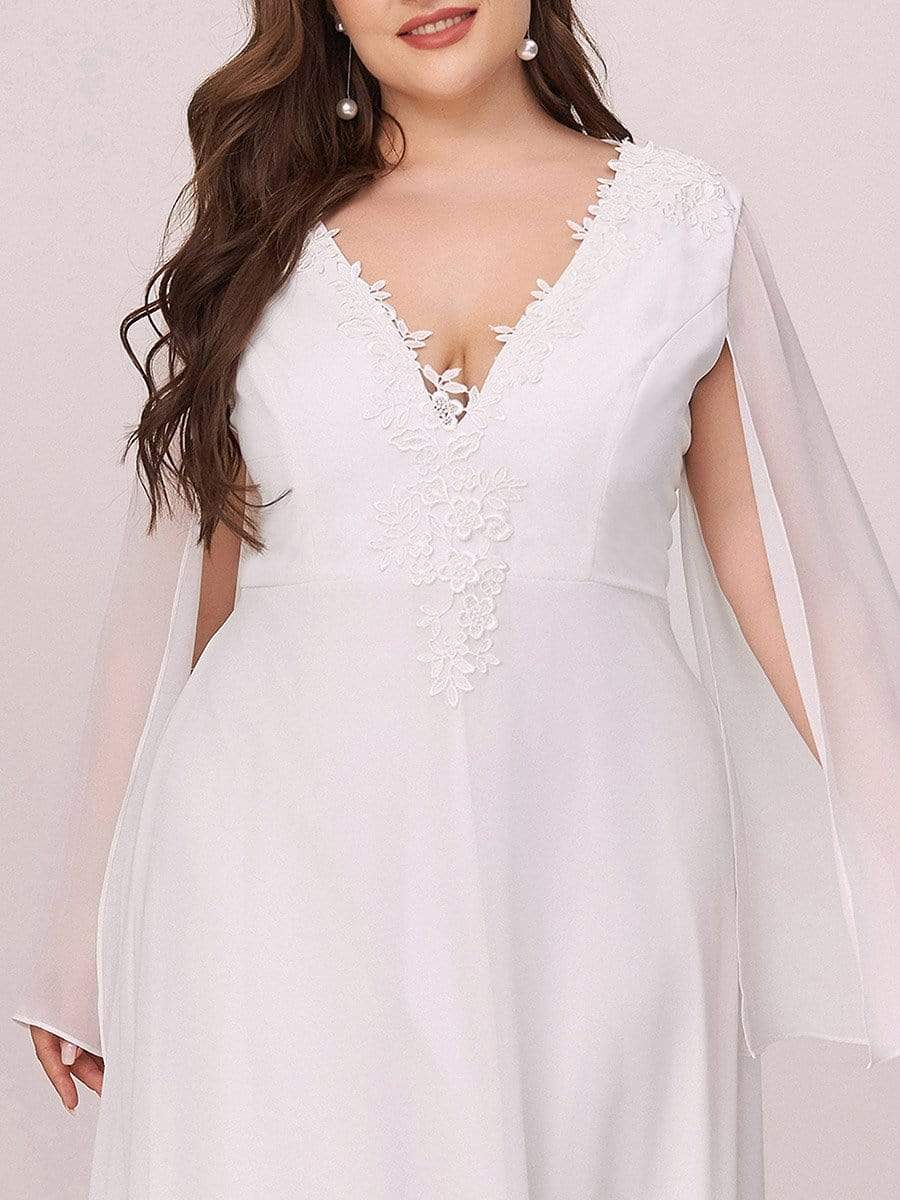 Color=Cream | Plus Size V Neck Evening Dress With Long Sleeves-Cream 5 Color=Cream | Plus Size V Neck Evening Dress With Long Sleeves-Cream 5