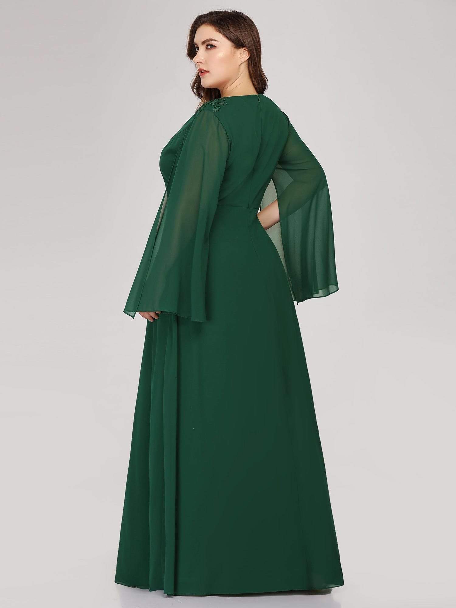 Color=Dark Green | Plus Size V Neck Evening Dress With Long Sleeves-Dark Green 2 Color=Dark Green | Plus Size V Neck Evening Dress With Long Sleeves-Dark Green 2