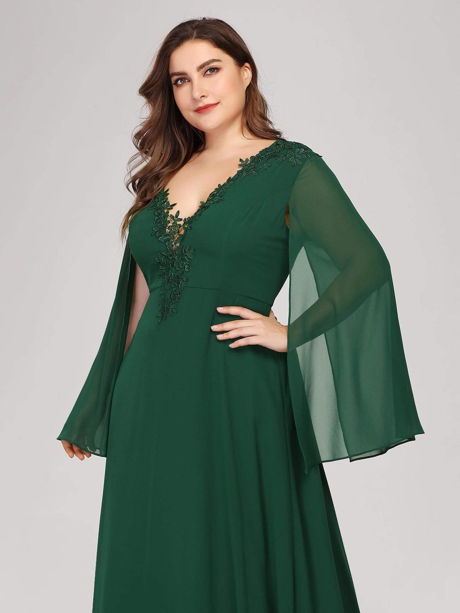 Color=Dark Green | Plus Size V Neck Evening Dress With Long Sleeves-Dark Green 5 Color=Dark Green | Plus Size V Neck Evening Dress With Long Sleeves-Dark Green 5