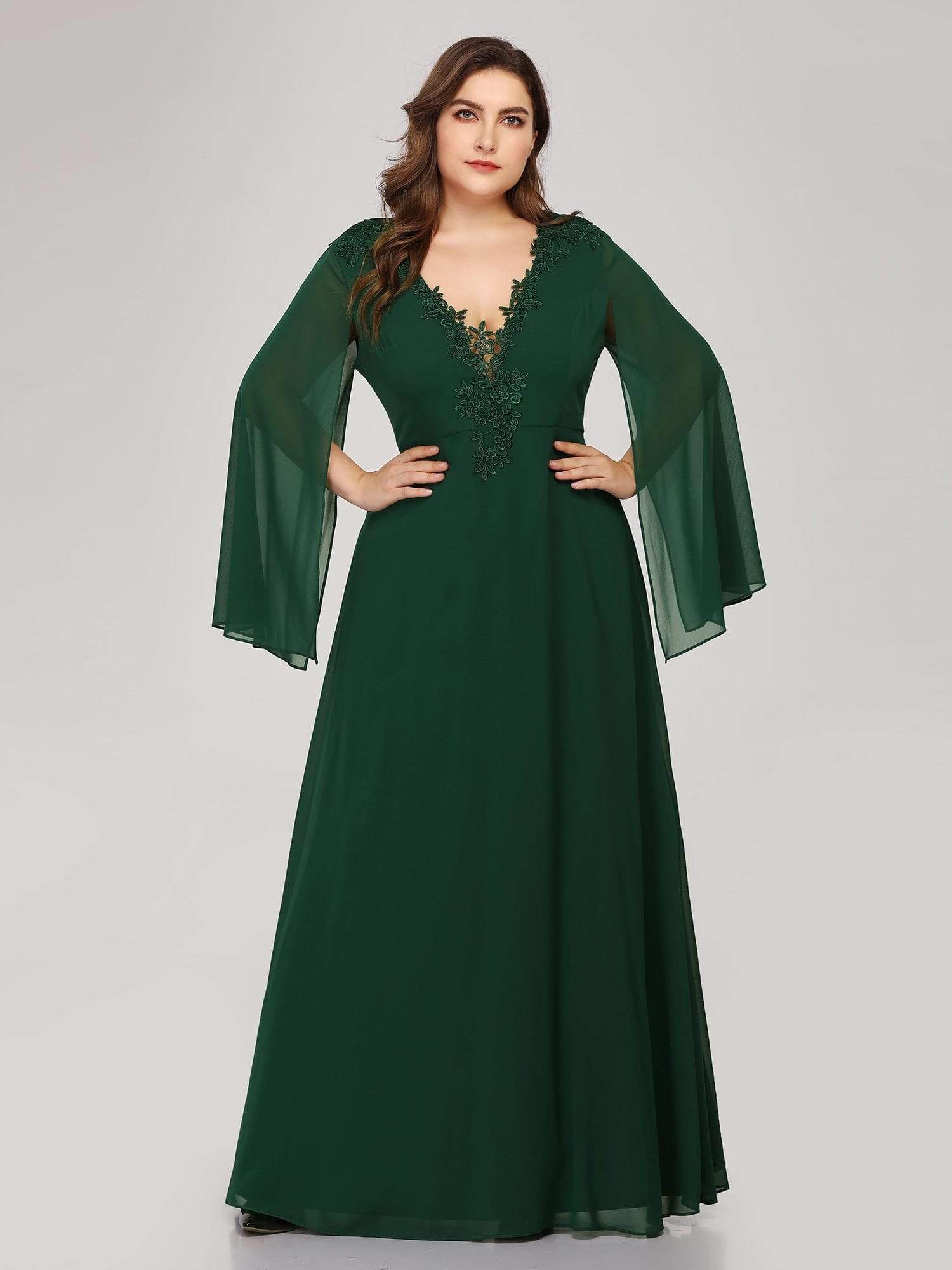Color=Dark Green | Plus Size V Neck Evening Dress With Long Sleeves-Dark Green 1 Color=Dark Green | Plus Size V Neck Evening Dress With Long Sleeves-Dark Green 1
