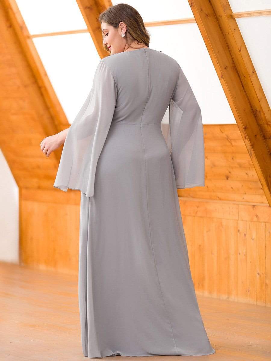 Color=Grey | Plus Size V Neck Evening Dress With Long Sleeves-Grey 2 Color=Grey | Plus Size V Neck Evening Dress With Long Sleeves-Grey 2