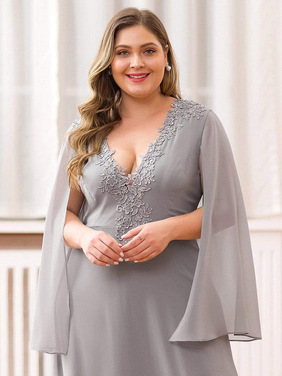 Color=Grey | Plus Size V Neck Evening Dress With Long Sleeves-Grey 5 Color=Grey | Plus Size V Neck Evening Dress With Long Sleeves-Grey 5