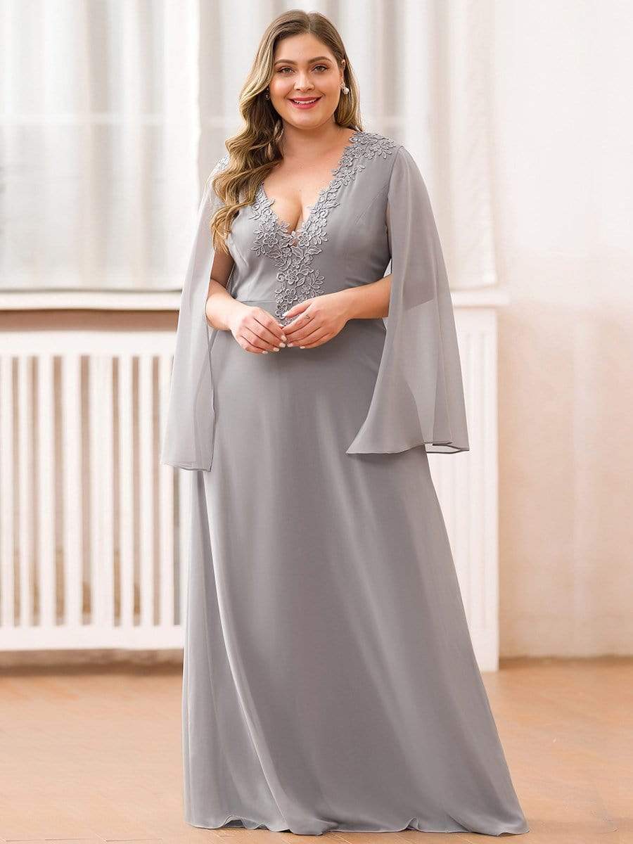 Color=Grey | Plus Size V Neck Evening Dress With Long Sleeves-Grey 1 Color=Grey | Plus Size V Neck Evening Dress With Long Sleeves-Grey 1