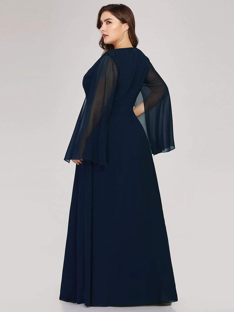 Color=Navy Blue | Plus Size V Neck Evening Dress With Long Sleeves-Navy Blue 2 Color=Navy Blue | Plus Size V Neck Evening Dress With Long Sleeves-Navy Blue 2
