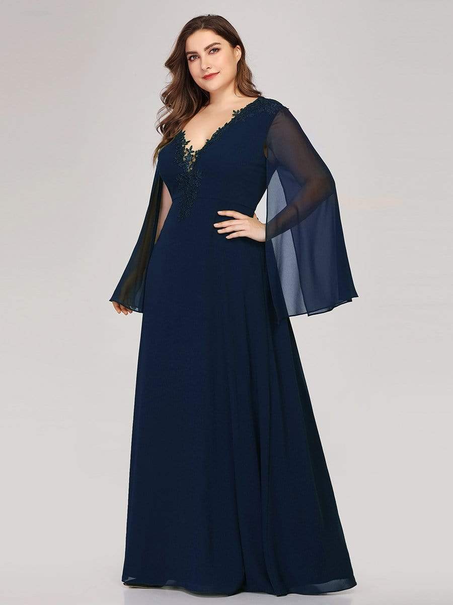 Color=Navy Blue | Plus Size V Neck Evening Dress With Long Sleeves-Navy Blue 3 Color=Navy Blue | Plus Size V Neck Evening Dress With Long Sleeves-Navy Blue 3