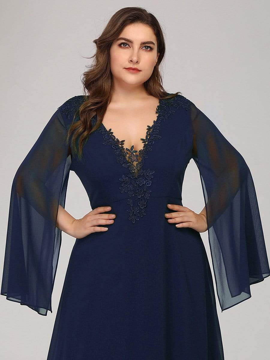 Color=Navy Blue | Plus Size V Neck Evening Dress With Long Sleeves-Navy Blue 5 Color=Navy Blue | Plus Size V Neck Evening Dress With Long Sleeves-Navy Blue 5