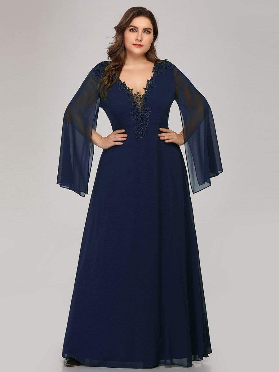 Color=Navy Blue | Plus Size V Neck Evening Dress With Long Sleeves-Navy Blue 1 Color=Navy Blue | Plus Size V Neck Evening Dress With Long Sleeves-Navy Blue 1