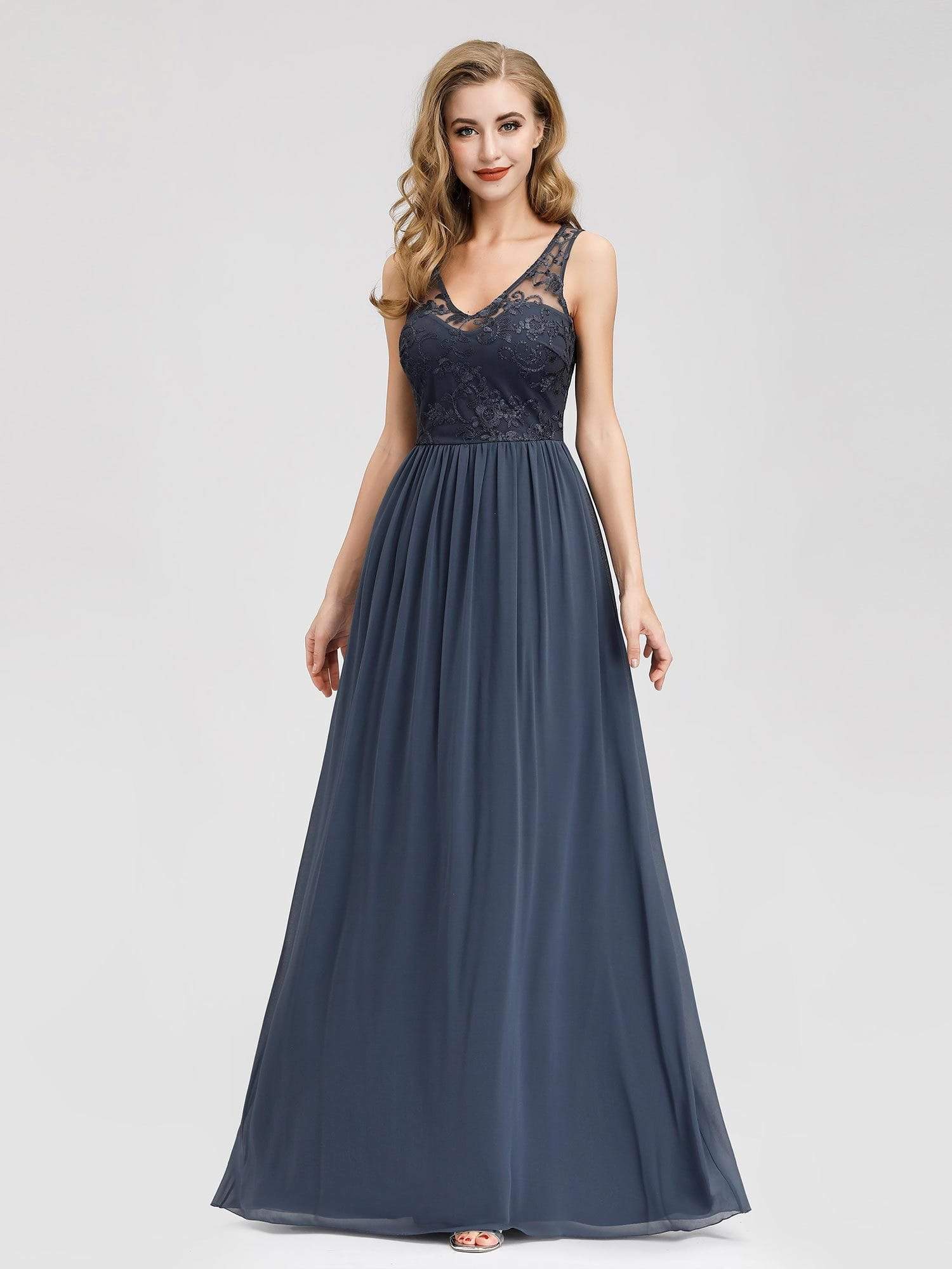 Color=Denim | Bridesmaid Dress With Lace Bust And V-Neck-Denim 3 Color=Denim | Bridesmaid Dress With Lace Bust And V-Neck-Denim 3