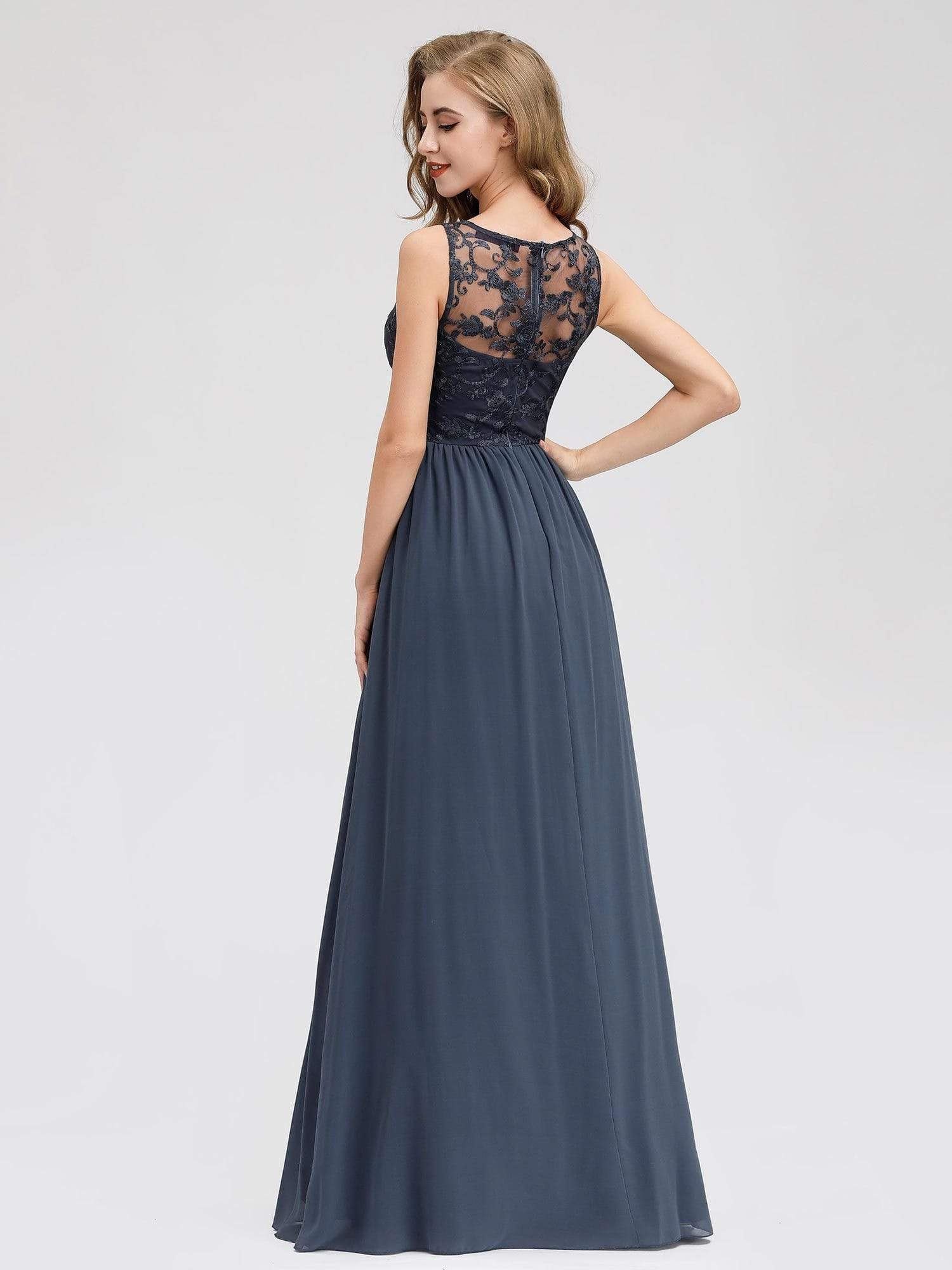 Color=Denim | Bridesmaid Dress With Lace Bust And V-Neck-Denim 4 Color=Denim | Bridesmaid Dress With Lace Bust And V-Neck-Denim 4