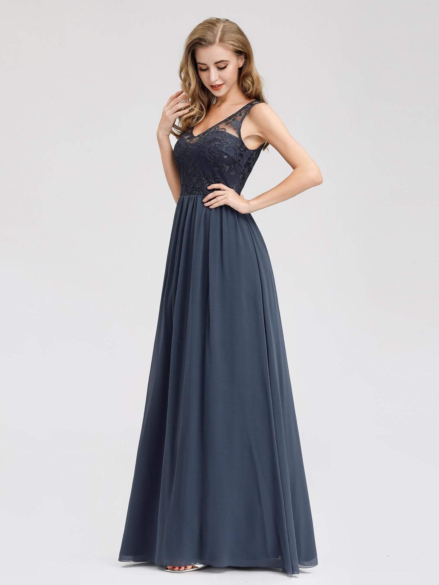 Color=Denim | Bridesmaid Dress With Lace Bust And V-Neck-Denim 1 Color=Denim | Bridesmaid Dress With Lace Bust And V-Neck-Denim 1