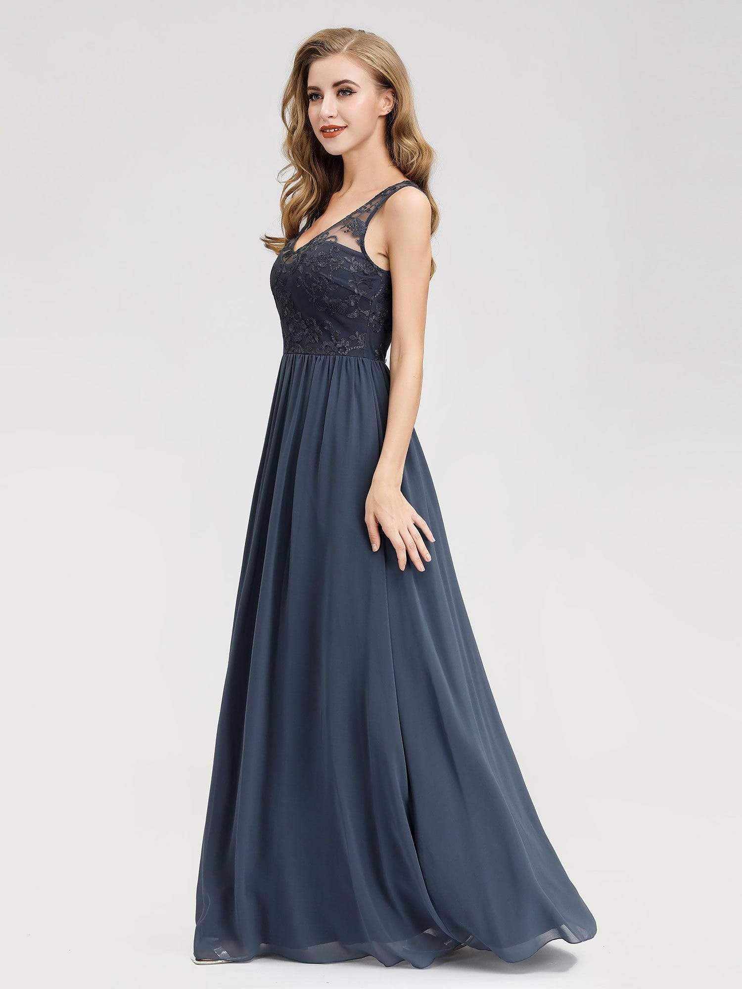 Color=Denim | Bridesmaid Dress With Lace Bust And V-Neck-Denim 2 Color=Denim | Bridesmaid Dress With Lace Bust And V-Neck-Denim 2