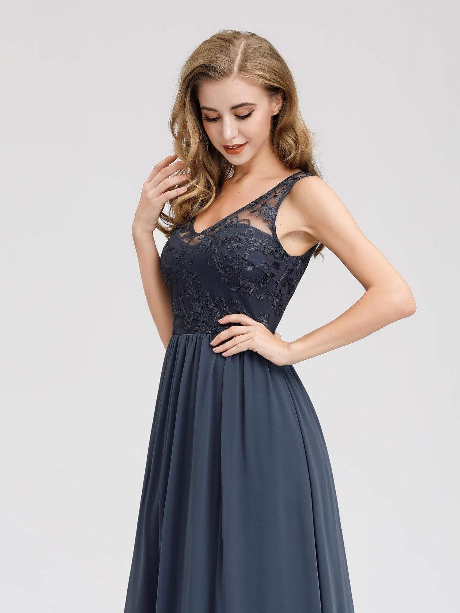 Color=Denim | Bridesmaid Dress With Lace Bust And V-Neck-Denim 5 Color=Denim | Bridesmaid Dress With Lace Bust And V-Neck-Denim 5