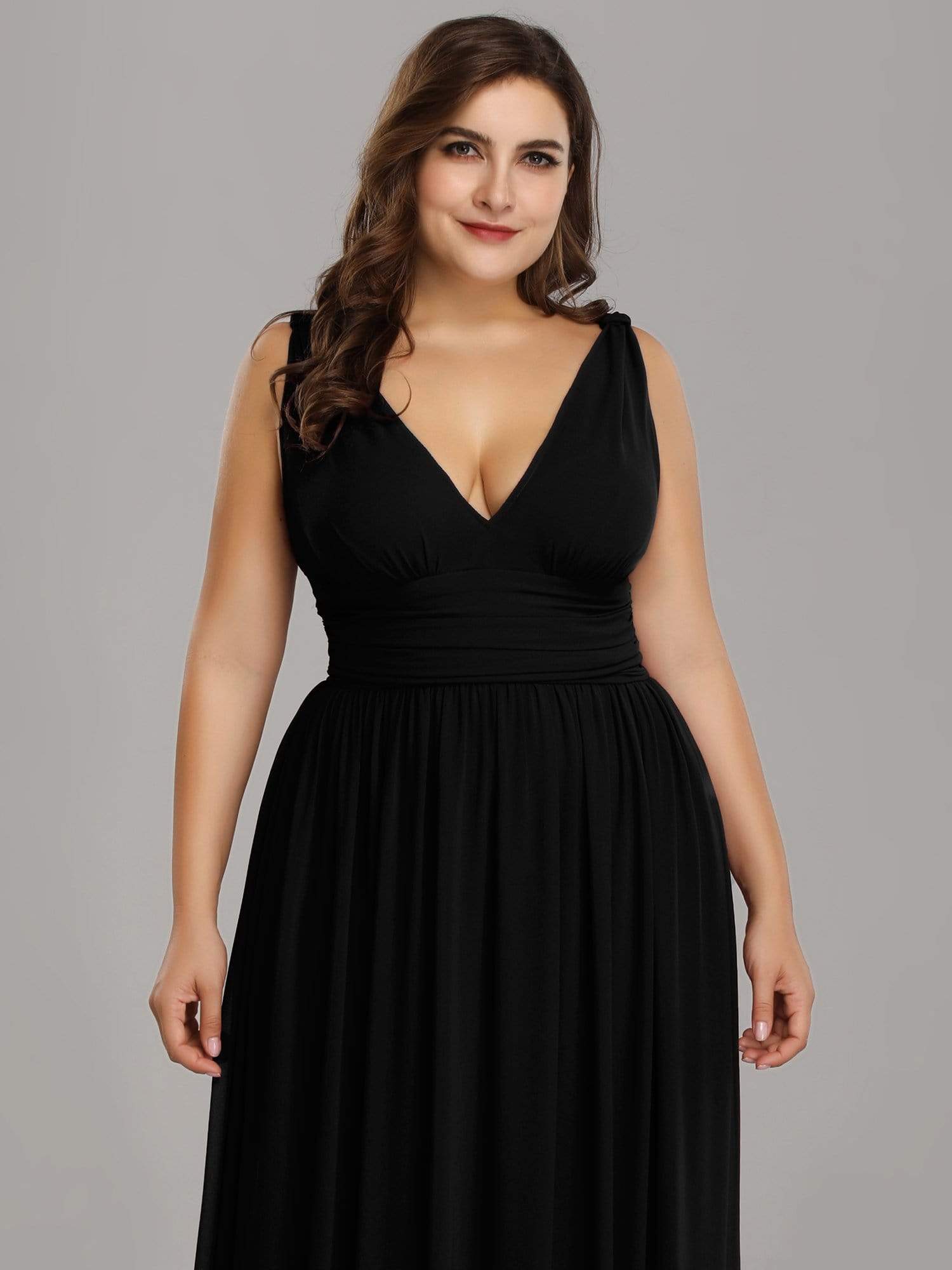 Color=Black | Plus Size Sleeveless V-Neck Semi-Formal Chiffon Maxi Dress-Black 4